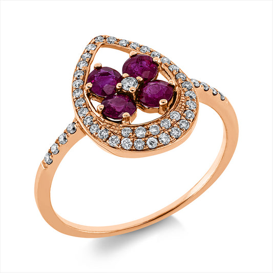 Ring 18 kt RG, 45 Brill. 0,22 ct, W-si, 4 Rubine 0,63 ct rot