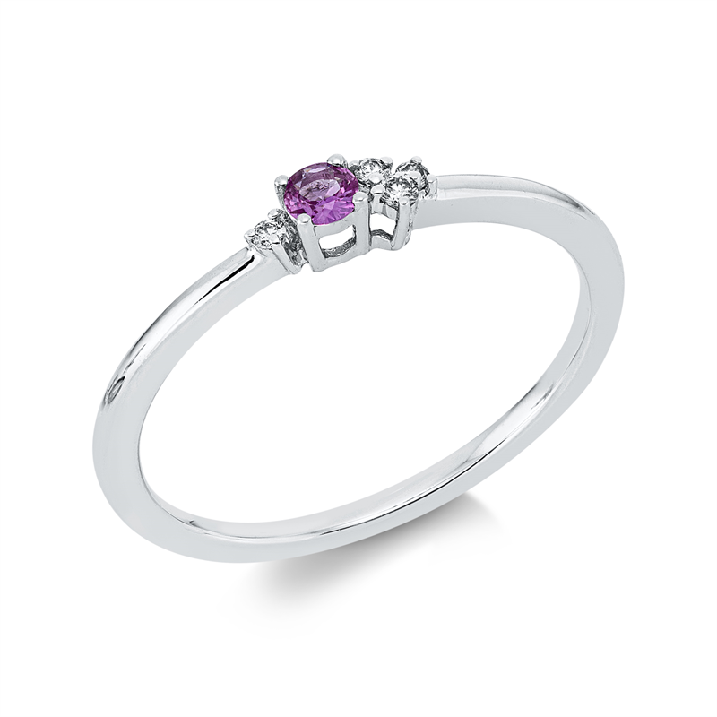 Ring 18 kt WG, 4 Brill. 0,03 ct, TW-pi, 1 Saphir 0,07 ct pink