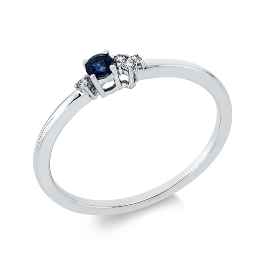 Ring 18 kt WG, 4 Brill. 0,03 ct, TW-pi, 1 Saphir 0,08 ct blau