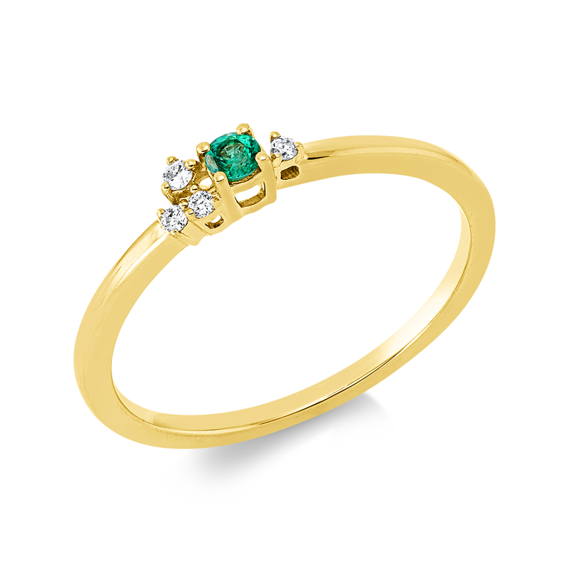 Ring 18 kt GG, 4 Brill. 0,03 ct, TW-pi, 1 Smaragd 0,05 ct grün
