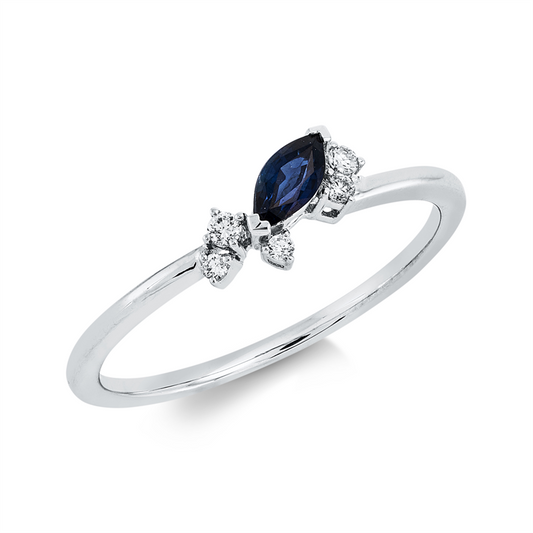 Ring 18 kt WG, 5 Brill. 0,05 ct, TW-pi, 1 Saphir 0,23 ct blau