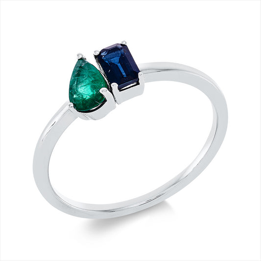 Ring 18 kt WG, 1 Saphir 0,38 ct blau, 1 Smaragd 0,30 ct grün