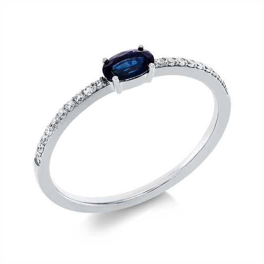 Ring 18 kt WG, 20 Brill. 0,10 ct, TW-pi, 1 Saphir 0,31 ct blau