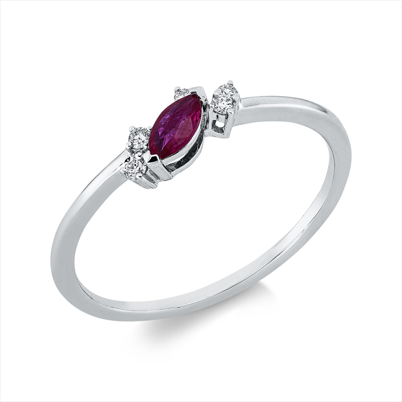 Ring 18 kt WG, 5 Brill. 0,06 ct, TW-pi, 1 Rubin 0,15 ct rot
