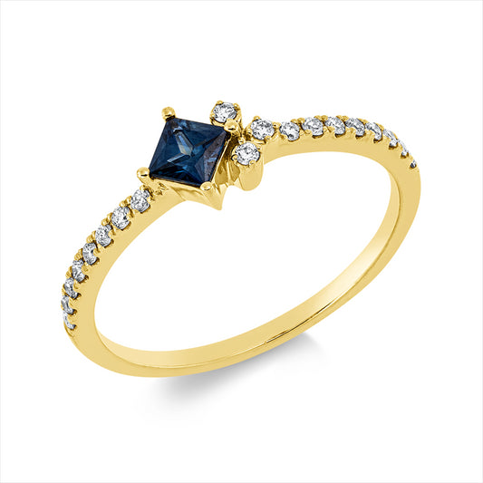 Ring 18 kt GG, 19 Brill. 0,13 ct, TW-pi, 1 Saphir 0,23 ct blau