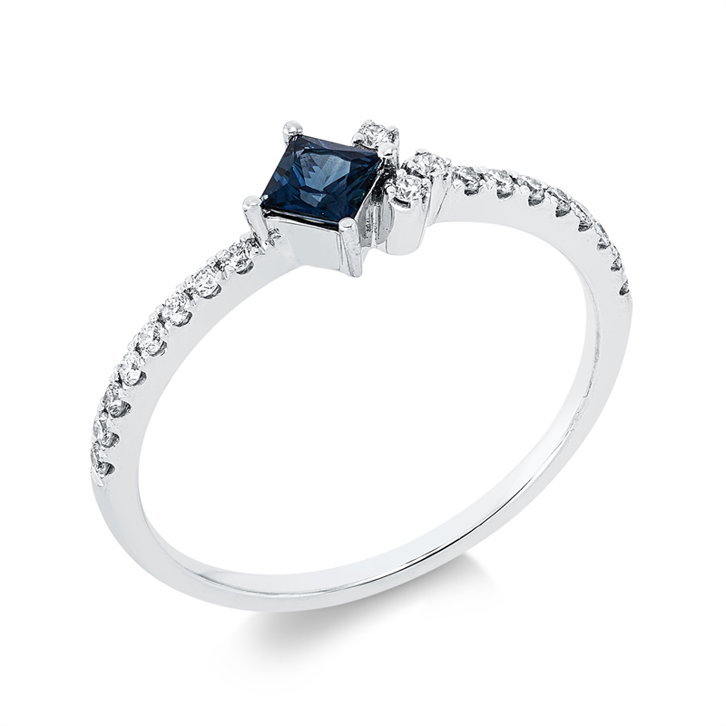 Ring 18 kt WG, 19 Brill. 0,13 ct, TW-pi, 1 Saphir 0,22 ct blau