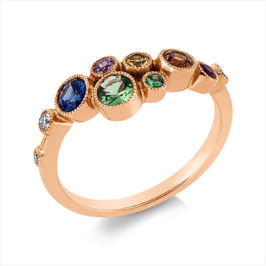 Ring 18 kt RG,3 Brill. 0,05 ct,F-vsi,2 Tsavo 0,05 ct grün,4 Saph 0,46 ct multi,1 Rub 0,05 ct rot