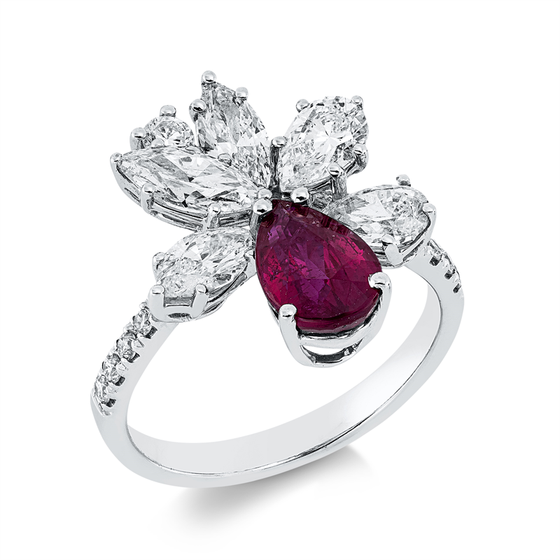 Ring 18 kt WG, 3 Nav. 1,02 ct, 2 Tropfen 0,76 ct, TW-vsi, 14 Brill. 0,27 ct, TW-vsi, 1 Rubin 2,00 ct rot