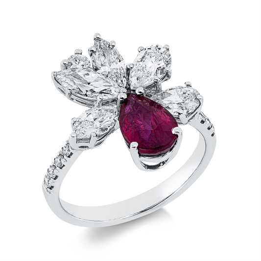 Ring 18 kt WG, 3 Nav. 1,02 ct, 2 Tropfen 0,76 ct, TW-vsi, 14 Brill. 0,27 ct, TW-vsi, 1 Rubin 2,00 ct rot