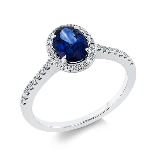 Ring 18 kt WG, 42 Brill. 0,20 ct, TW-vsi/si, 1 Saphir 1,67 ct blau