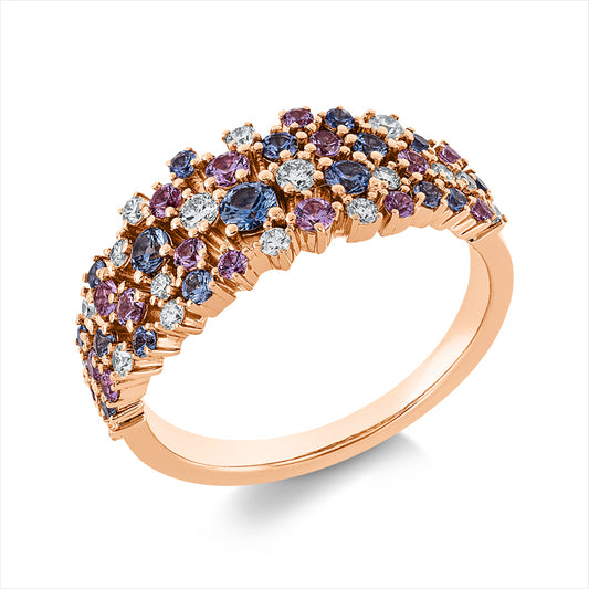 Ring 18 kt RG, 19 Brill. 0,28 ct, F-vsi, 33 Saphire 0,76 ct multicolor