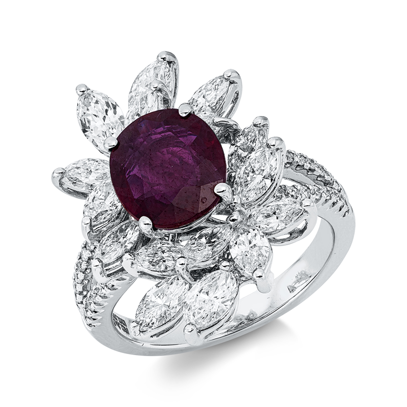Ring 18 kt WG, 16 Nav. 2,38 ct, TW-vsi, 32 Brill. 0,19 ct, TW-si, 1 Rubin 2,34 ct rot