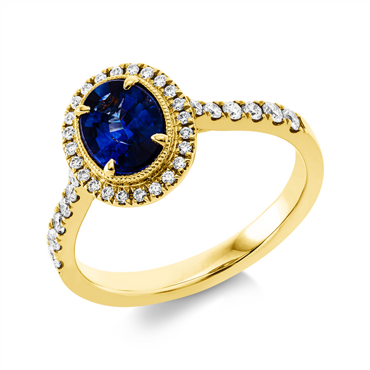 Ring 18 kt GG, 36 Brill. 0,28 ct, TW-si, 1 Saphir 1,10 ct blau