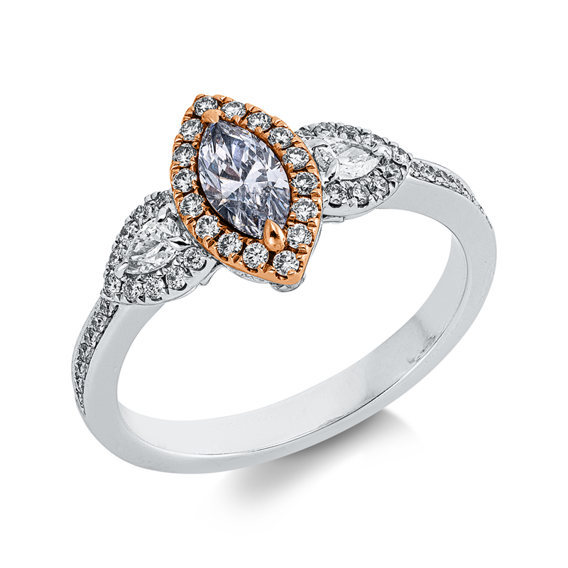 Ring 18 kt WG+RG, GIA6223304118, 2 Tropfen 0,12 ct, F-vsi/si, 32 Brill. 0,13 ct, TW-si, 1 Nav. 0,32 ct, blau, 16 Brill. 0,10 ct, pink