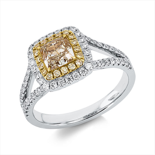 Ring 18 kt WG+GG, 1 Cushion 0,75 ct, gelb, 18 Brill. 0,11 ct, gelb, 60 Brill. 0,37 ct, TW-pi