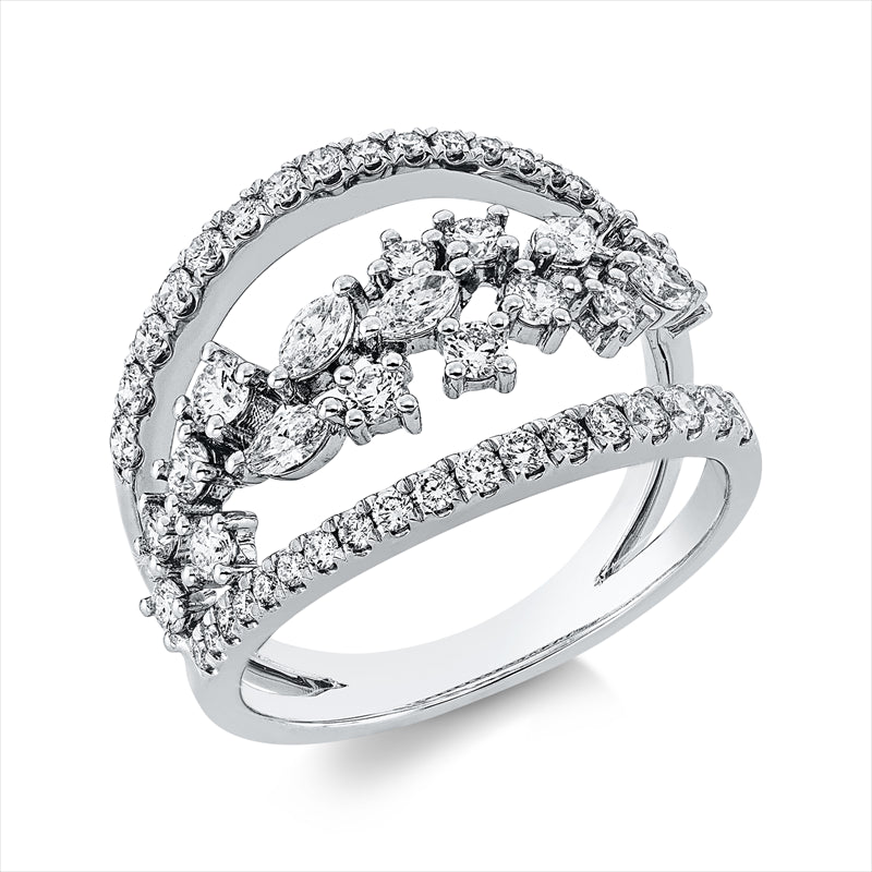 Ring 18 kt WG, 5 Nav. 0,27 ct, TW-vsi, 49 Brill. 0,84 ct, TW-si
