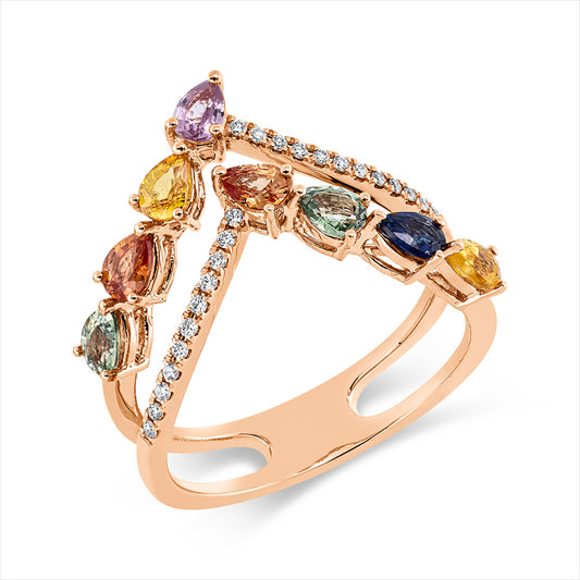 Ring 18 kt RG, 23 Brill. 0,08 ct, TW-si, 8 Saphire 1,37 ct multicolor