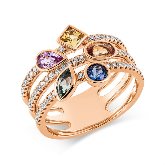 Ring 14 kt RG, 58 Brill. 0,29 ct, TW-si, 5 Saphire 1,14 ct multicolor