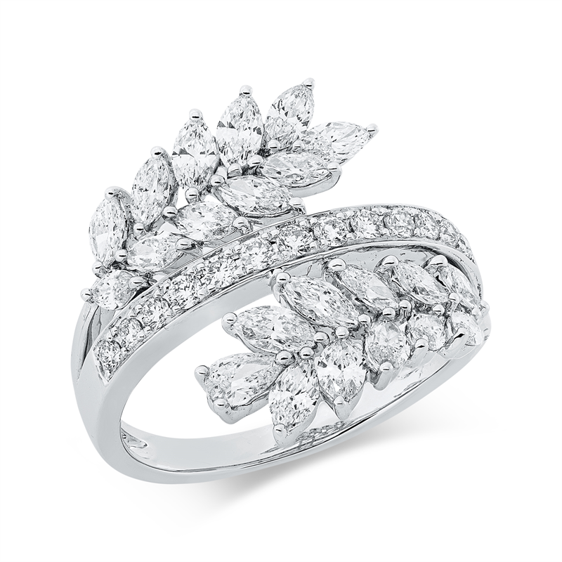 Ring 18 kt WG, 1 Tropfen 0,09 ct, TW-si, 21 Nav. 1,39 ct, TW-si, 13 Brill. 0,24 ct, TW-si