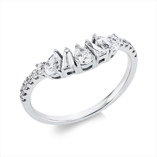 Ring 18 kt WG, 2 Trap. 0,11 ct, TW-si, 3 Tropfen 0,40 ct, TW-si, 12 Brill. 0,19 ct, TW-si