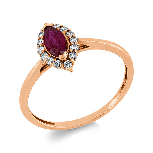Ring 18 kt RG, 14 Brill. 0,14 ct, TW-si, 1 Rubin 0,38 ct rot