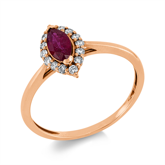 Ring 18 kt RG, 14 Brill. 0,14 ct, TW-si, 1 Rubin 0,38 ct rot