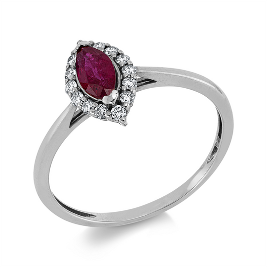 Ring 18 kt WG, 14 Brill. 0,14 ct, TW-si, 1 Rubin 0,39 ct rot
