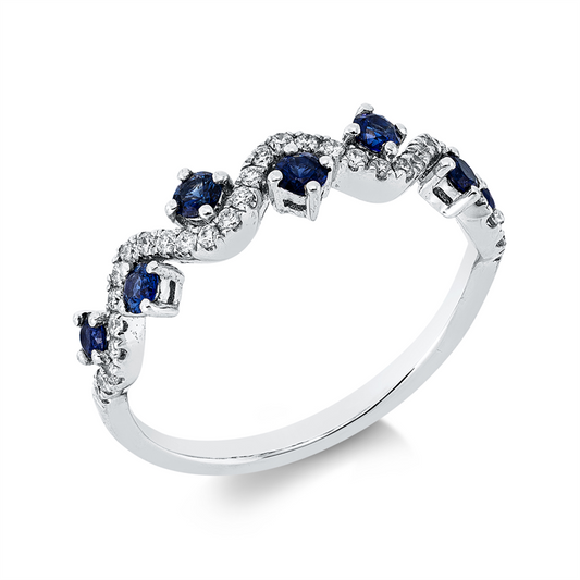 Ring 18 kt WG, 7 Saphire 0,38 ct blau, 33 Brill. 0,17 ct, TW-si