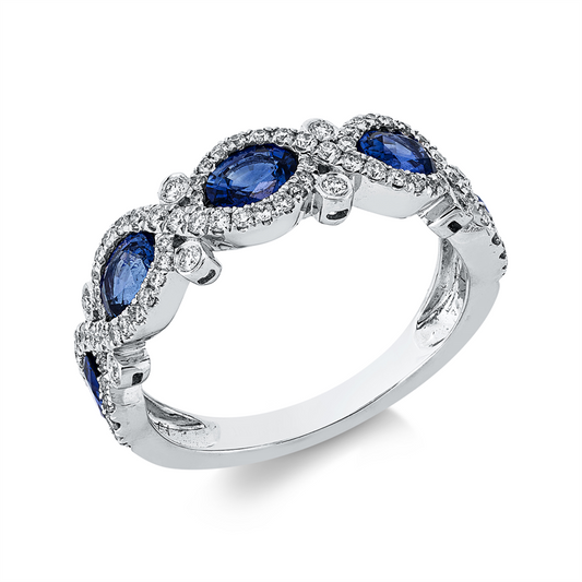 Ring 18 kt WG, 5 Saphire 1,58 ct blau, 94 Brill. 0,43 ct, TW-si