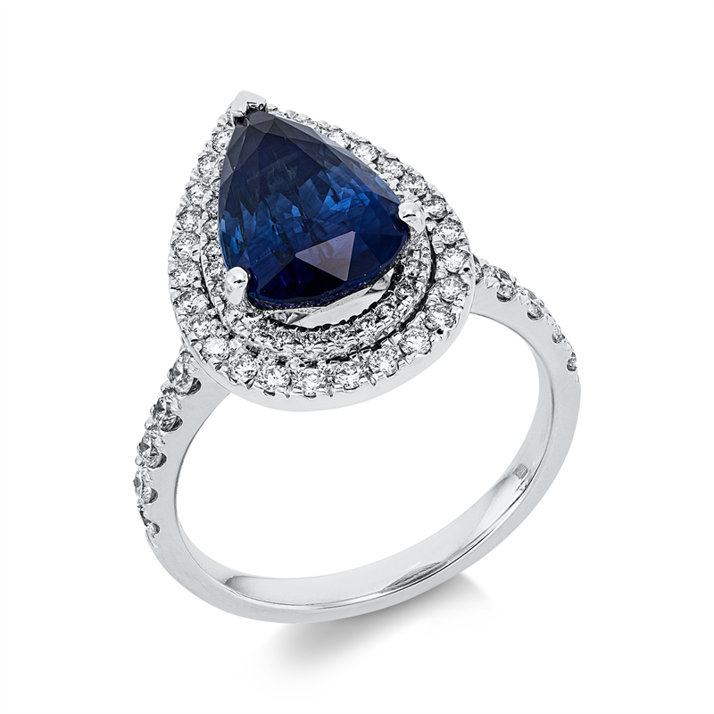 Ring 18 kt WG, 65 Brill. 0,64 ct, TW-vsi/si, 1 Saphir 4,26 ct blau