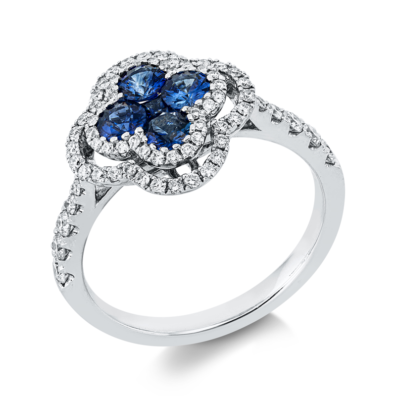Ring 14 kt WG, 72 Brill. 0,46 ct, TW-si, 5 Saphire 0,71 ct blau