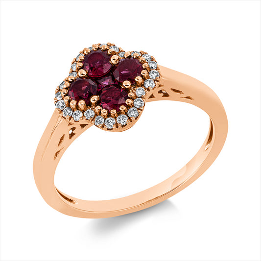 Ring 18 kt RG, 24 Brill. 0,12 ct, TW-pi, 4 Rubine 0,58 ct rot, 1 Rubin 0,06 ct rot