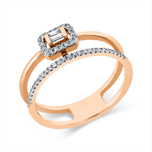 Ring 14 kt RG, Fassung rhodiniert, 2 Trap. 0,05 ct, TW-si, 44 Dia. 0,13 ct, W-si