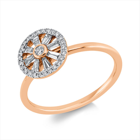 Ring 14 kt RG, Fassung rhodiniert, 8 Trap. 0,21 ct, TW-si, 27 Brill. 0,10 ct, TW-si