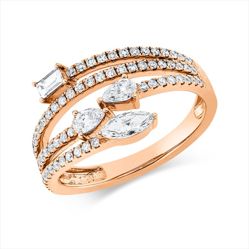 Ring 18 kt RG, 1 Bag. 0,08 ct, 1 Nav. 0,16 ct, 2 Tropfen 0,19 ct, 70 Brill. 0,34 ct, TW-si