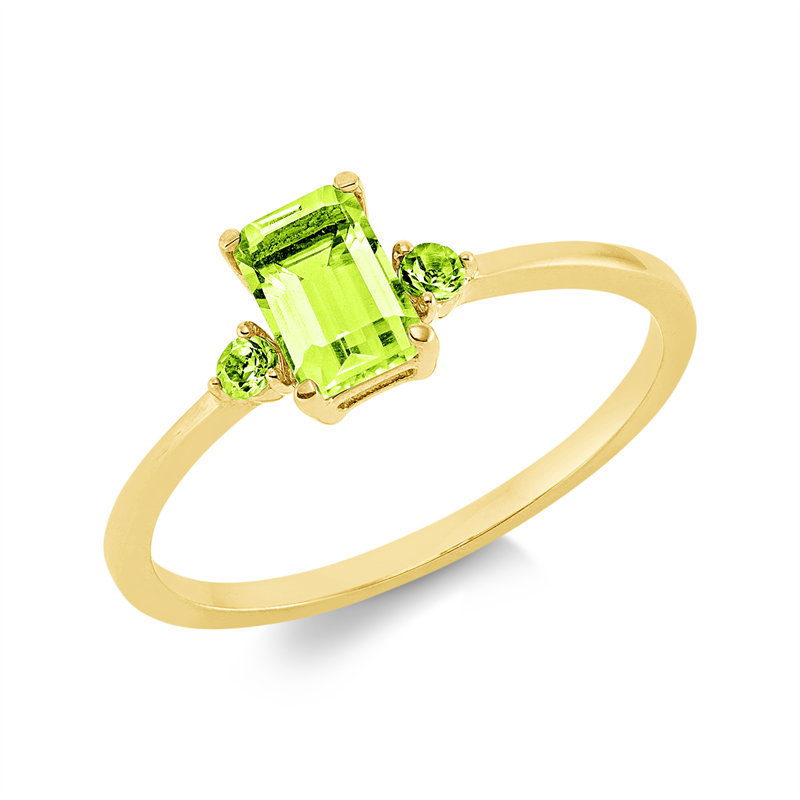 Ring 18 kt GG, 1 Peridot 0,64 ct grün, 2 Peridot 0,07 ct grün
