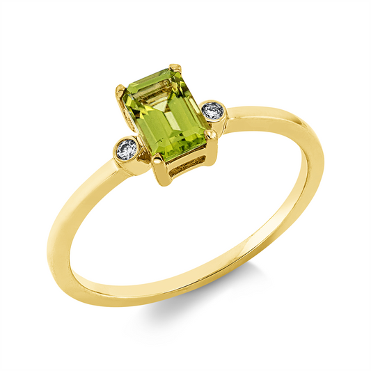 Ring 18 kt GG, 2 Brill. 0,02 ct, TW-si, 1 Peridot 0,62 ct grün