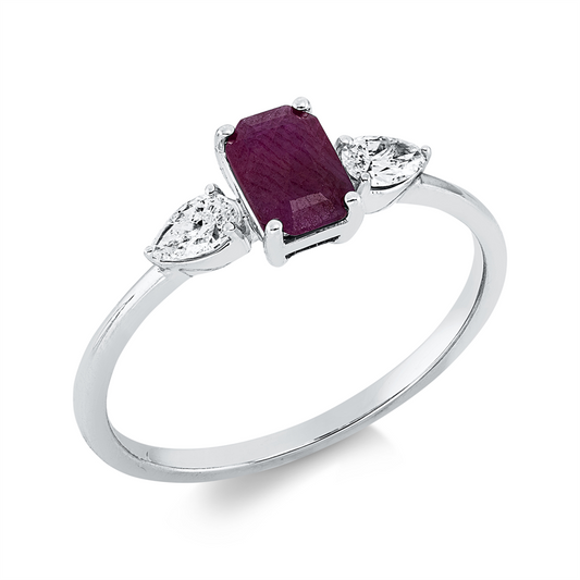 Ring 18 kt WG, 2 Tropfen 0,20 ct, TW-si, 1 Rubin 0,75 ct rot