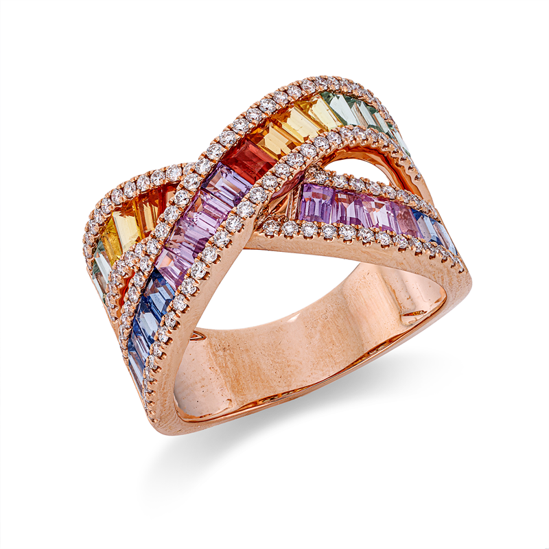 Ring 18 kt RG, 106 Brill. 0,50 ct, TW-si, 29 Saphire 3,00 ct fancy