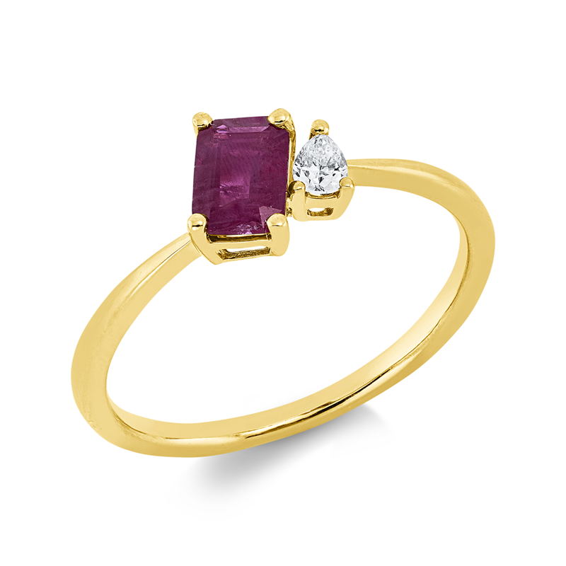 Ring 18 kt GG, 1 Tropfen 0,08 ct, TW-si, 1 Rubin 0,67 ct rot
