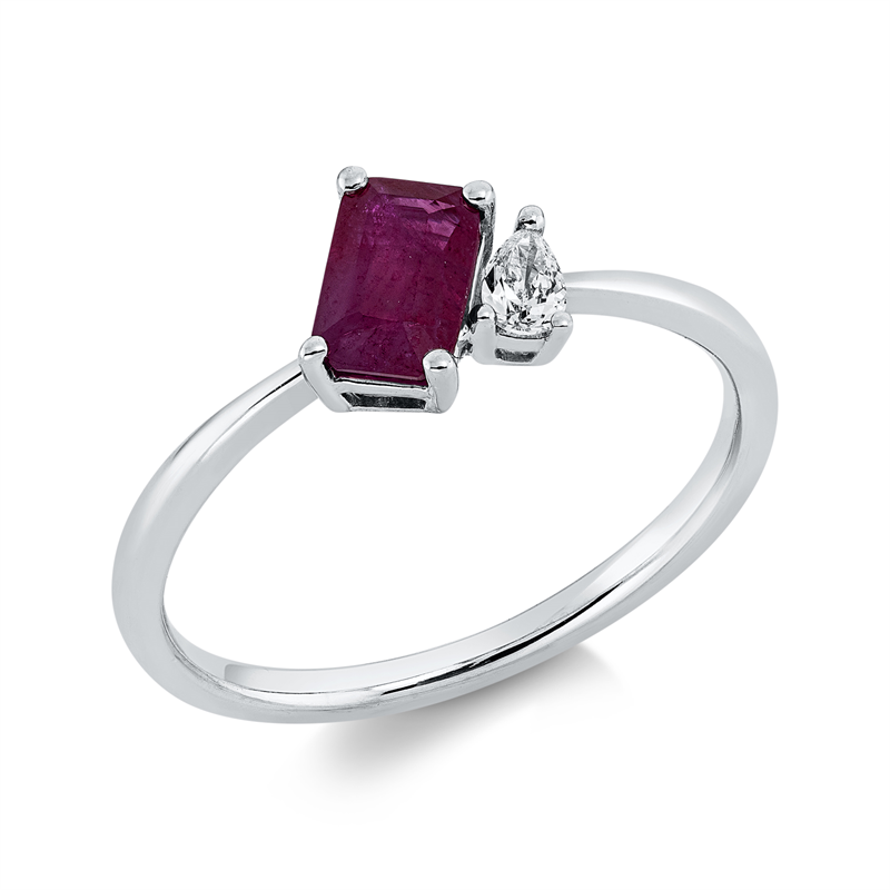Ring 18 kt WG, 1 Tropfen 0,08 ct, TW-si, 1 Rubin 0,66 ct rot