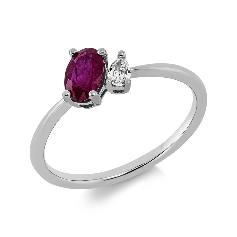 Ring 18 kt WG, 1 Tropfen 0,08 ct, TW-si, 1 Rubin 0,61 ct rot