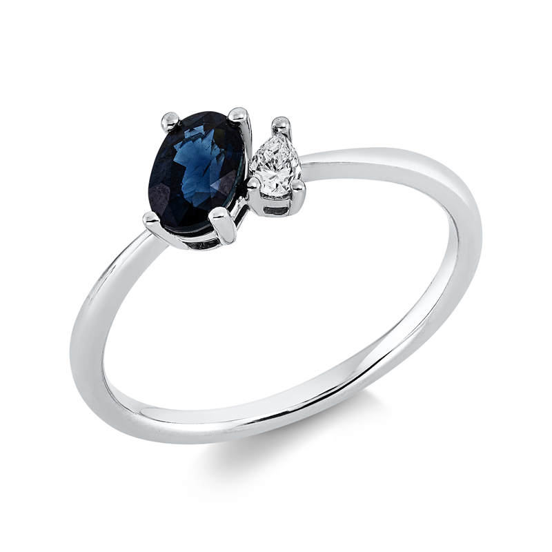 Ring 18 kt WG, 1 Tropfen 0,08 ct, TW-si, 1 Saphir 0,55 ct blau