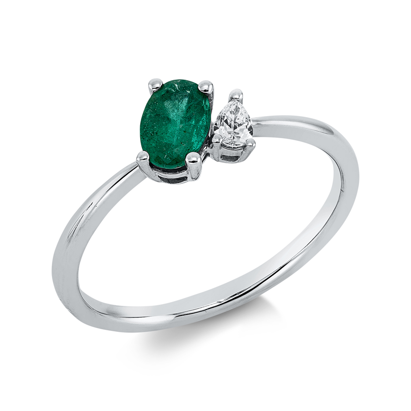 Ring 18 kt WG, 1 Tropfen 0,08 ct, TW-si, 1 Smaragd 0,44 ct grün