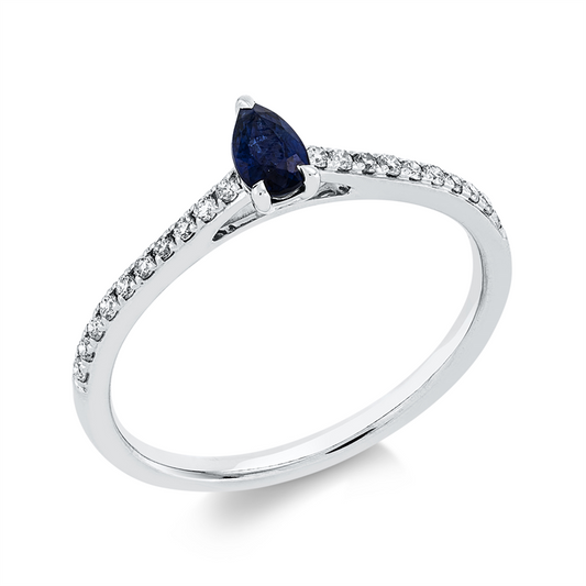 Ring 18 kt WG, 20 Brill. 0,14 ct, TW-si, 1 Saphir 0,27 ct blau