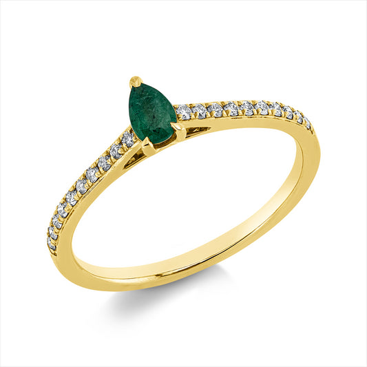 Ring 18 kt GG, 20 Brill. 0,14 ct, TW-si, 1 Smaragd 0,19 ct grün