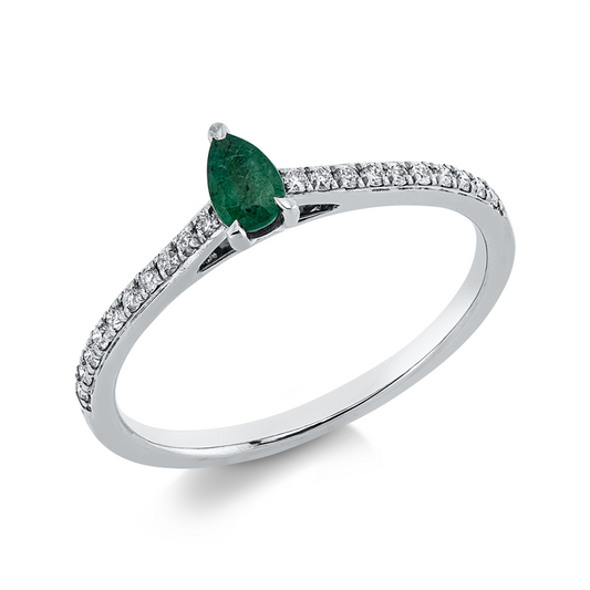 Ring 18 kt WG, 20 Brill. 0,14 ct, TW-si, 1 Smaragd 0,20 ct grün