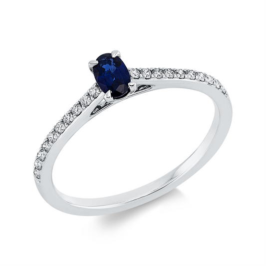 Ring 18 kt WG, 20 Brill. 0,14 ct, TW-si, 1 Saphir 0,29 ct blau