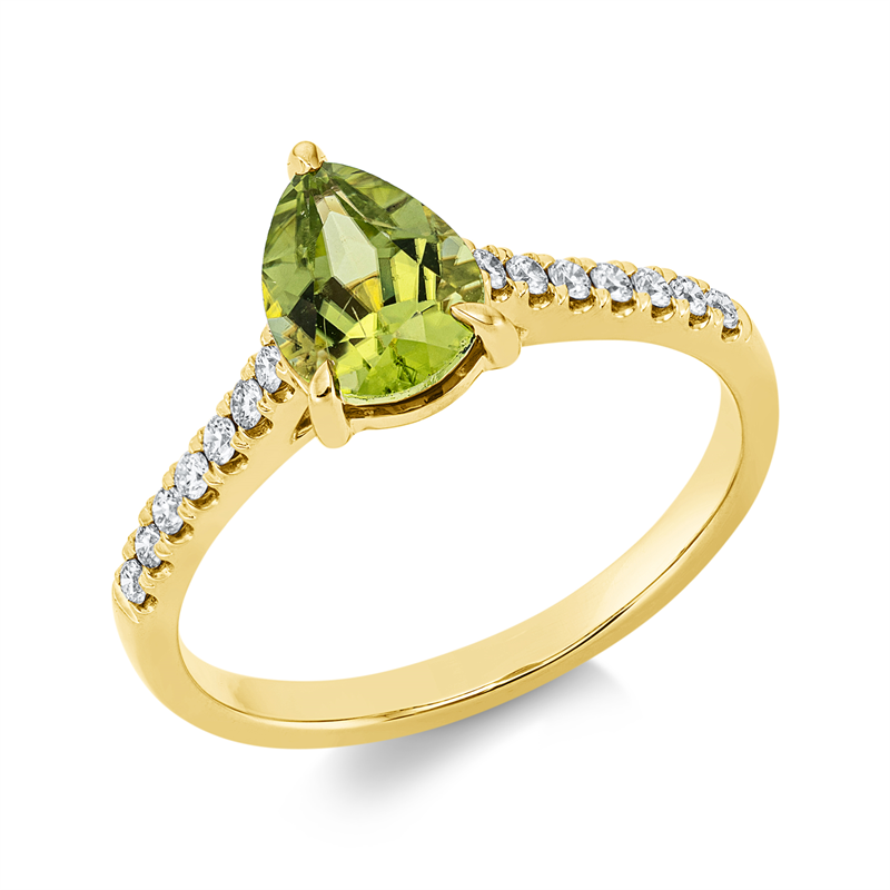 Ring 18 kt GG, 14 Brill. 0,15 ct, TW-si, 1 Peridot 1,37 ct grün