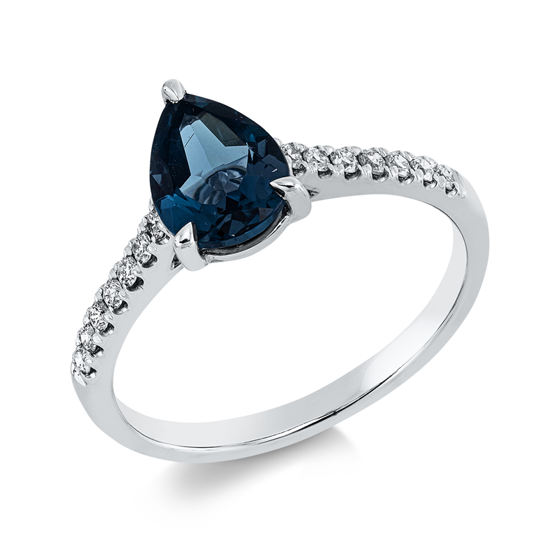 Ring 18 kt WG, 14 Brill. 0,15 ct, TW-si, 1 Topas 1,19 ct Lond. blue